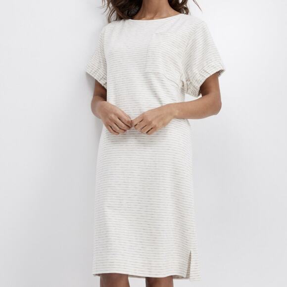 Haven Well Within Gathered Cuff Lounge Dress Cream Stripe Shift Pocket Size M - Picture 2 of 9